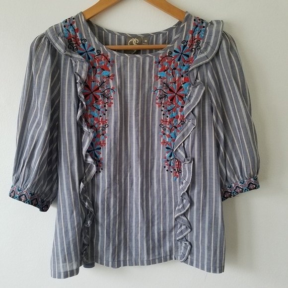 ANTHROPOLOGIE One September Embroidered Floral Ruffle Striped Blouse Size M - Picture 2 of 13